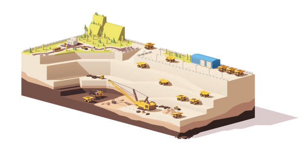 Vector low poly open pit coal mine Vector low poly open pit coal mine quarry with mining haul trucks, rope shovel and dragline excavators mining natural resources stock illustrations