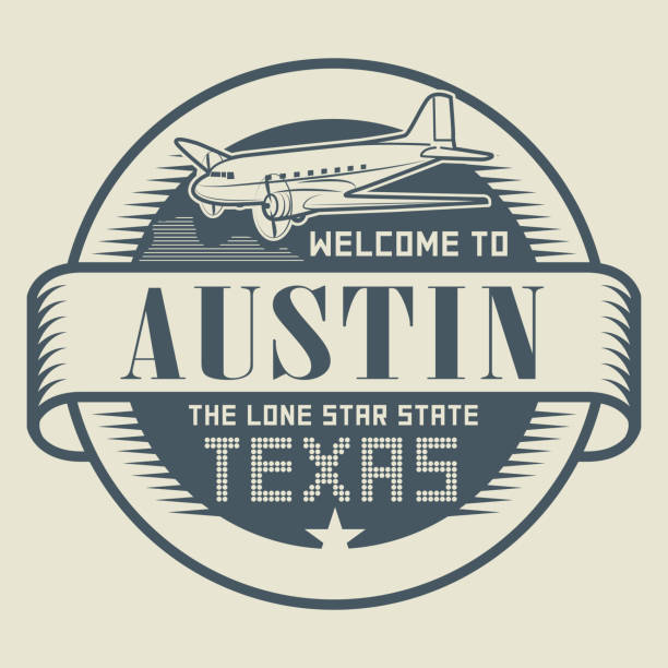 ilustraciones, imágenes clip art, dibujos animados e iconos de stock de sello con el texto bienvenido a austin, texas - austin airport