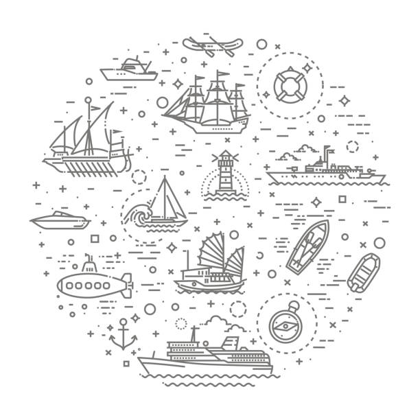 zestaw linii wektorowych statków i łodzi - nautical vessel buoy passenger ship computer icon stock illustrations