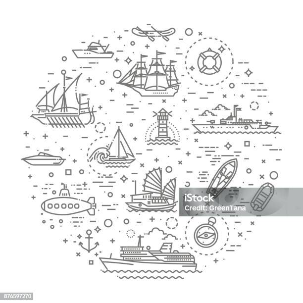 Vector Line Set Of Ships And Boats Stock Illustration - Download Image Now - Sailboat, Line Art, Outline