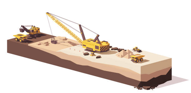 векторные низко поли-экскаваторы и тягаки - isometric truck earth mover construction stock illustrations