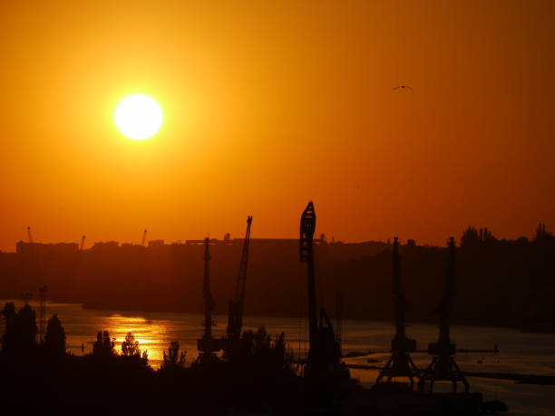 istock Trade river port landscape with cranes on a river 876597734
