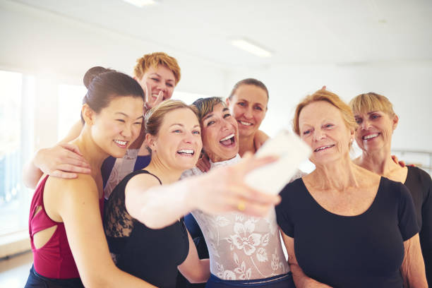 istock Group of smiling women taking selfies in a dance studio 876597898