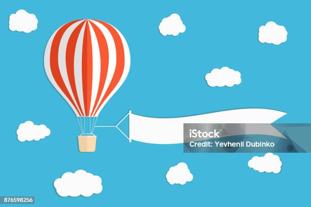 Flying Advertising Banner Hot Air Balloon With Vertical Banners On Blue Sky Background Stock Illustration - Download Image Now