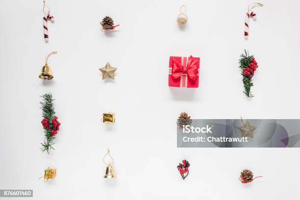 Flat Lay Aerial Image Of Accessories Merry Christmas Happy New Year White Background Conceptessential Beautiful Decorations Ornaments Arrangement On Backdropitems For The Winter Season Stock Photo - Download Image Now