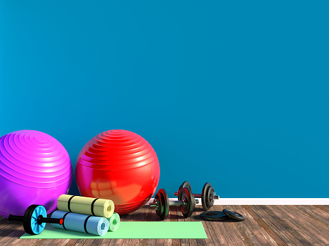 Gym equipment for fitness exercise with aerobic fitball, dumbbells and Yoga mat in room, 3D rendering