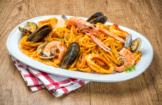 Tagliatelle with seafood, Italian food
