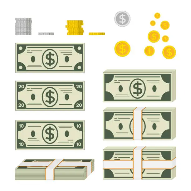 Vector illustration of Set of paper money and coins