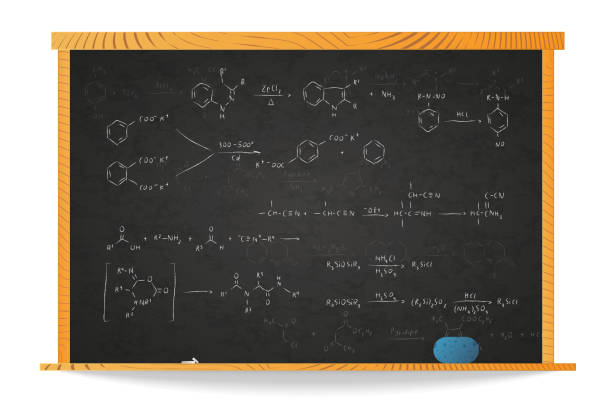 wiele podstawowych równań reakcji chemicznej i wzorów na szkolnej tablicy w drewnianej ramie izolowanej na białym - scientific experiment sketch healthcare and medicine complexity stock illustrations