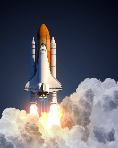 space shuttle start auf blauem hintergrund - weltraumforschung stock-fotos und bilder