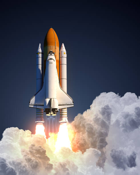 space shuttle launch on blue background - space exploration imagens e fotografias de stock