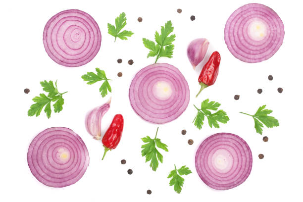 istock onion, garlic, hot pepper parsley and dill isolated on white background. Top view. Flat lay pattern 876615308