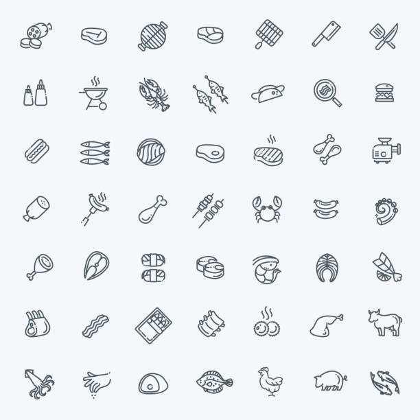 Simple Set of Meat Related Vector Line Icons Line Set of flat icons about meat salmon animal illustrations stock illustrations
