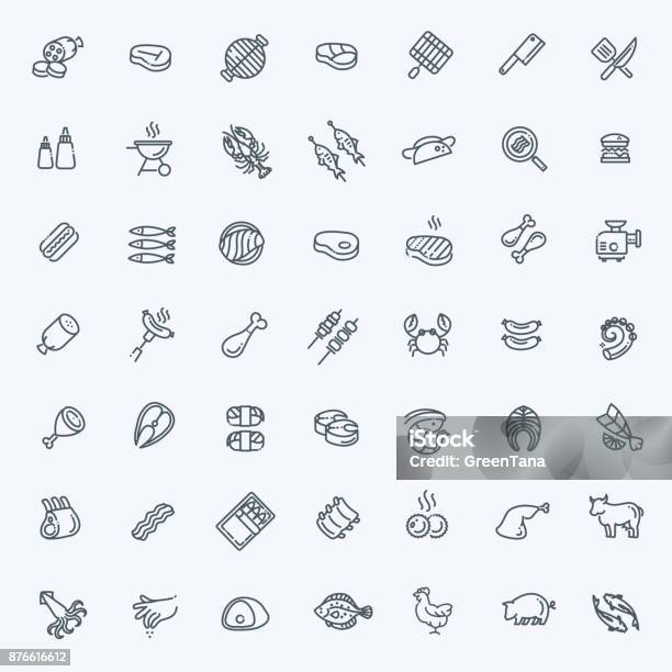 Simple Set Of Meat Related Vector Line Icons Stock Illustration - Download Image Now - Icon Symbol, Meat, Barbecue Grill