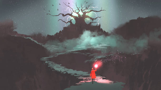 istock girl with a magic torch walking to the fantasy tree 876621494