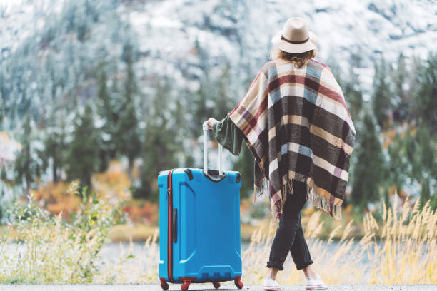 istock Traveling woman with bright blue suitcase looking at mountain wilderness 876621708