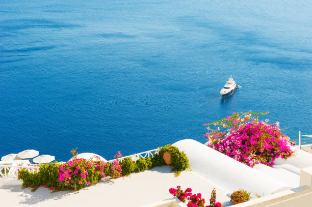 White architecture on Santorini island, Greece. Beautiful summer landscape, sea view.