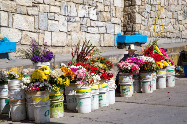 Huaraz, Peru - October 1, 2015: An elderly lady selling flowers at the local cemetery