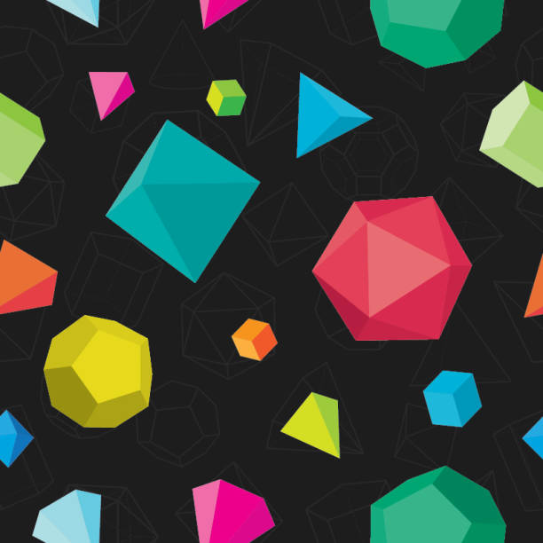 Colourful solids seamless pattern on black Colourful 3D solids seamless pattern on black background polyhedron stock illustrations