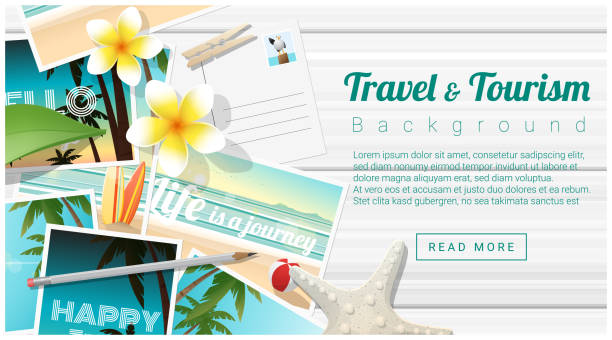 istock Travel and tourism background with tropical beach postcards on wooden board , vector , illustration 876626656