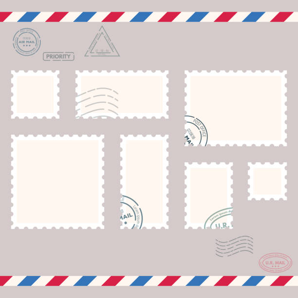 ilustrações de stock, clip art, desenhos animados e ícones de small post stamps - postage stamp backgrounds correspondence delivering