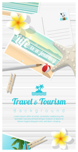 istock Travel and tourism background with tropical beach postcards on wooden board , vector , illustration 876629382