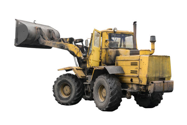 istock Yellow bulldozer with raised bucket on white background 876633230