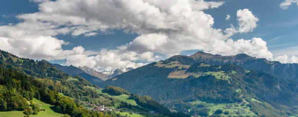Panorama view of the village of Seewis in the Grisons near Klosters in the Swiss Alps