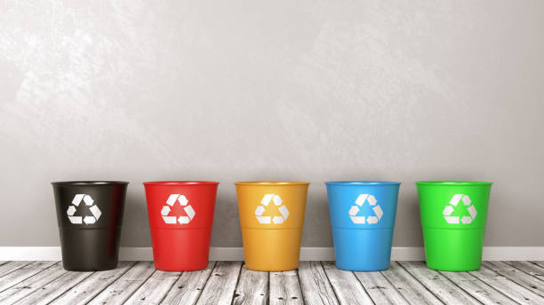 istock Recycle Bin Set on Wooden Floor Against Wall 876637526
