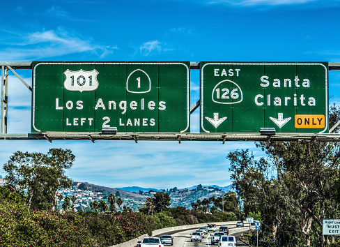 Los Angeles exit sign on 101 freeway southbound. California, USA