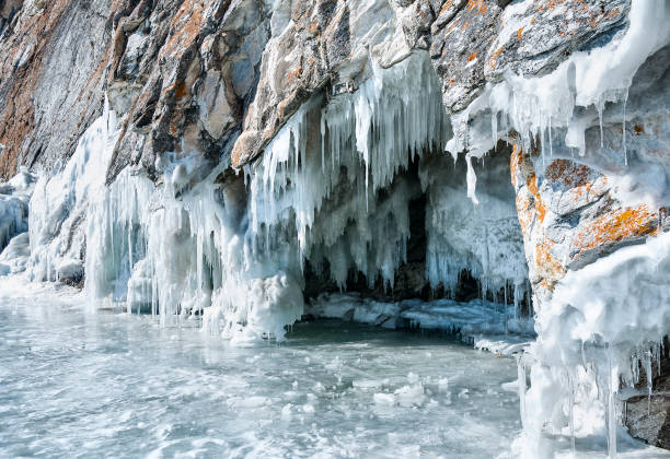 istock ice cave and icicles on the lake 876649636