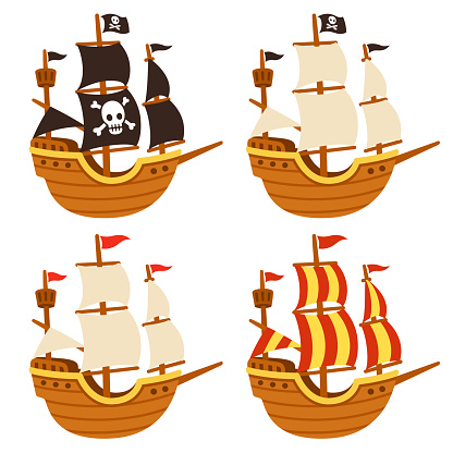 Cartoon tall ship illustration set. Pirate ship with Jolly Roger flag and black sails, and traditional sailboats. Isolated vector drawing.