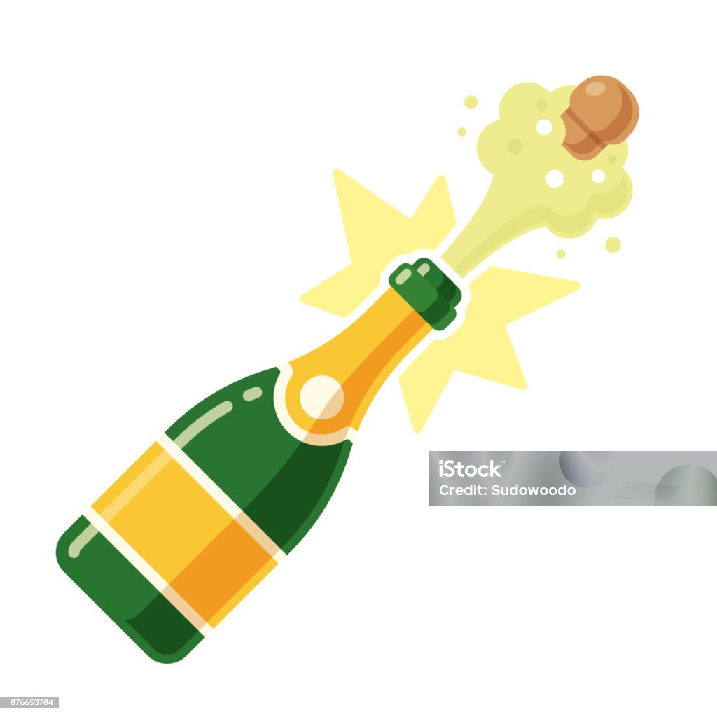 Champagne bottle opening Champagne bottle opening with a pop and cork flying. Vector illustration in modern flat cartoon style isolated on white background. Champagne stock vector
