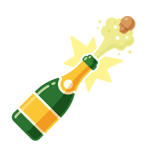 Champagne bottle opening Champagne bottle opening with a pop and cork flying. Vector illustration in modern flat cartoon style isolated on white background. Champagne stock illustrations