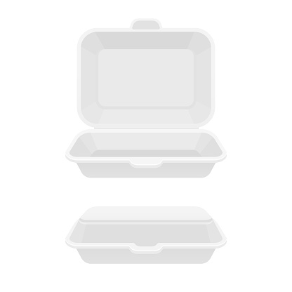 Open and closed fast food takeout container. White styrofoam lunch box for takeaway food. Isolated vector illustration.