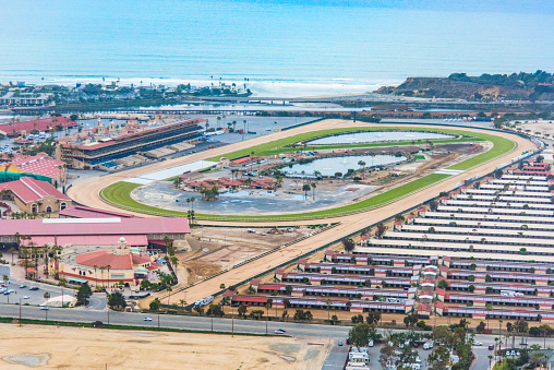 Del Mar, United States - January 15th, 2016:  An aerial view of the Del Mar Racetrack and San Diego County Fairgrounds located in Del Mar, California just north of San Diego.