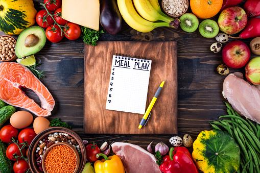 Healthy food concept. Fresh  vegetables, fruits, meat and fish on wooden table. Healthy eating and meal plan. Top view