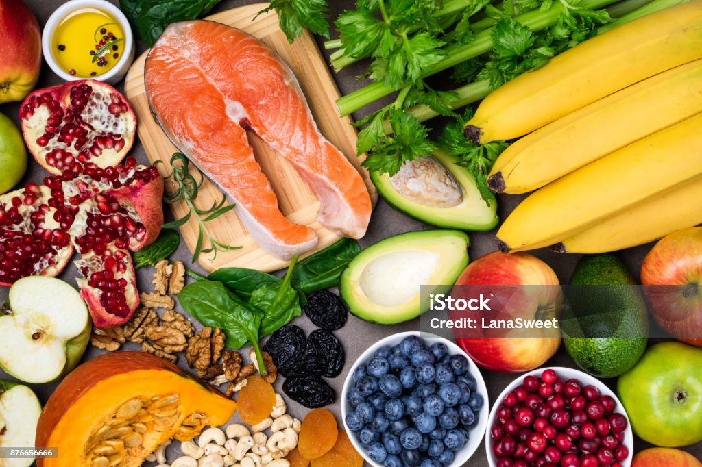 Background healthy food for heart. Healthy food, diet and healthy life concept Background healthy food for heart. Healthy food, diet and healthy life concept. Top view Nutritionist Stock Photo