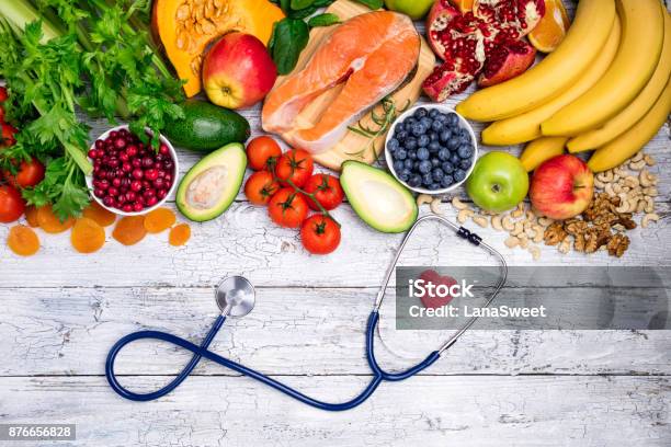 Healthy Food For Heart Fresh Fish Fruits Vegetables Berries And Nuts Healthy Food Diet And Healthy Heart Concept Stock Photo - Download Image Now