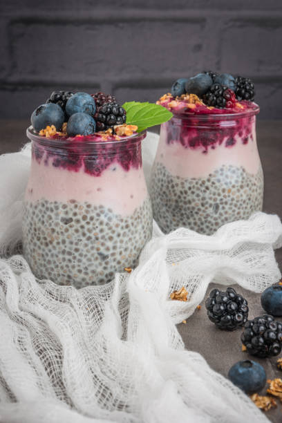 istock Chia pudding parfait with blackberries and blueberry smoothie and granola 876660196