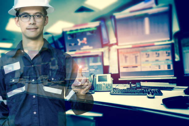 istock Double exposure of  Engineer or Technician man in working shirt press his finger for new innovation with group of computers room background, business and industry concept. 876660800