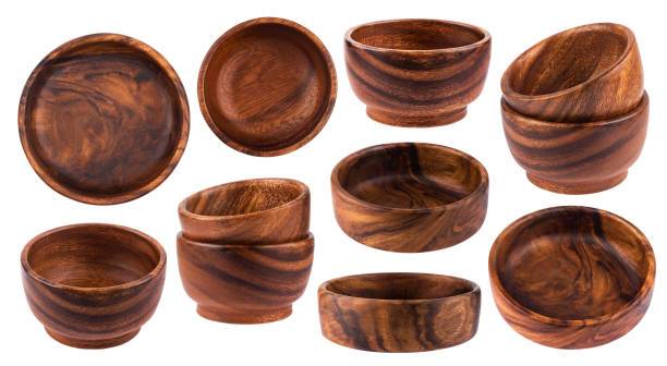 istock Collection of empty wooden bowls isolated on white background 876664018