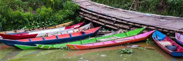 Colorfui boats in a small harbor of Rawapening, Semarang, Central Java, Indonesia