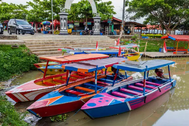 Colorfui boats in a small harbor of Rawapening, Semarang, Central Java, Indonesia