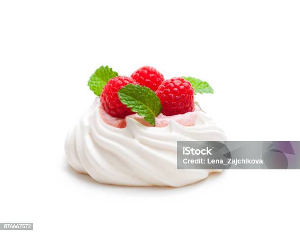 Mini Pavlova Meringue Nest With Berries And Mint On Isolated On White Stock Photo - Download Image Now