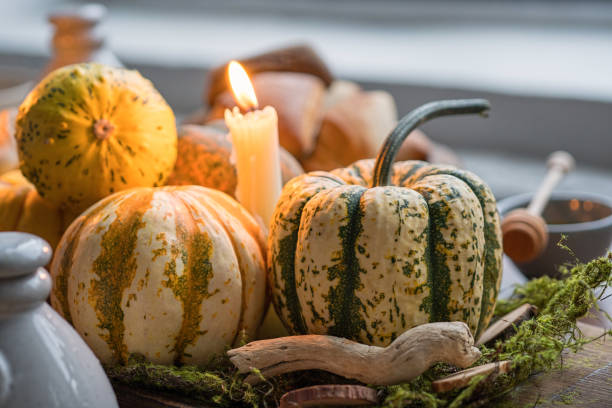 istock Autumn table setting with pumpkins. Thanksgiving dinner and fall decoration 876668206