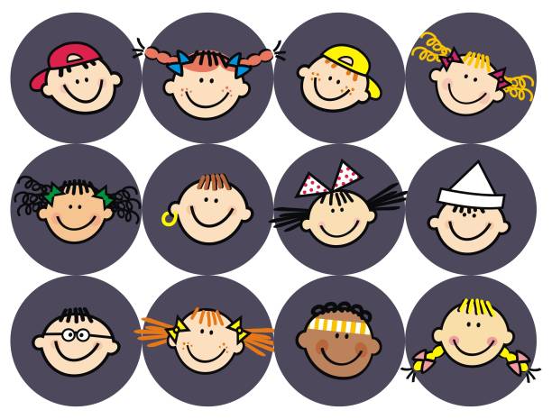 Head of kids, isolated portrait, sticker, vector icon Head of kids, isolated portrait, sticker, vector icon. Different portraits of girls and boys. Circle frame at background. Colored image. Pigtails stock illustrations