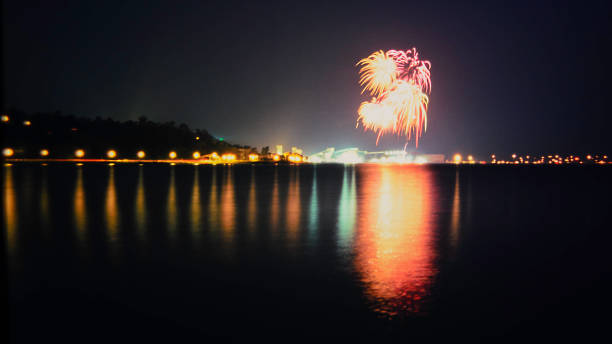 istock Waterfront Fireworks over Hamilton, Ontario  Harbour with lights along the skyline. 876672376