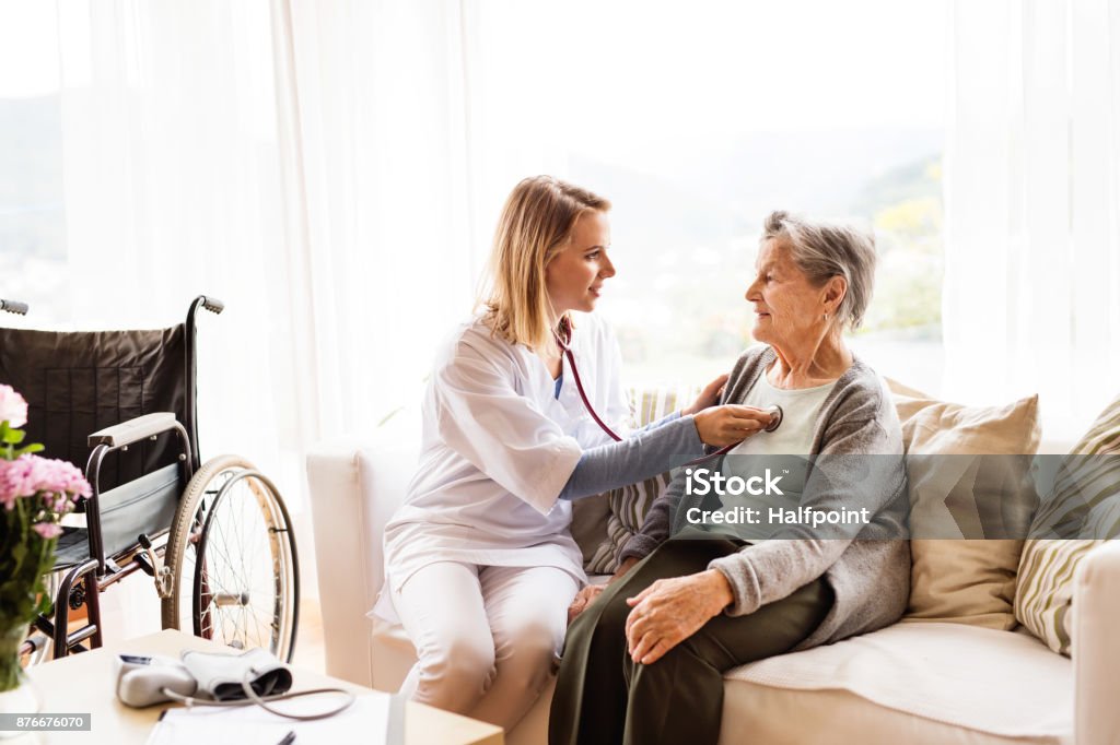 Infirmier et une femme senior au cours de la visite à domicile. - Photo de Vie domestique libre de droits