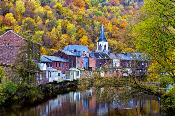 View of Vesdre river and church of Saint Francois Xavier in Belgian town of Chaudfontaine, Wallonia View of Vesdre river and church of Saint Francois Xavier in Belgian town of Chaudfontaine, Wallonia liege belgium stock pictures, royalty-free photos & images